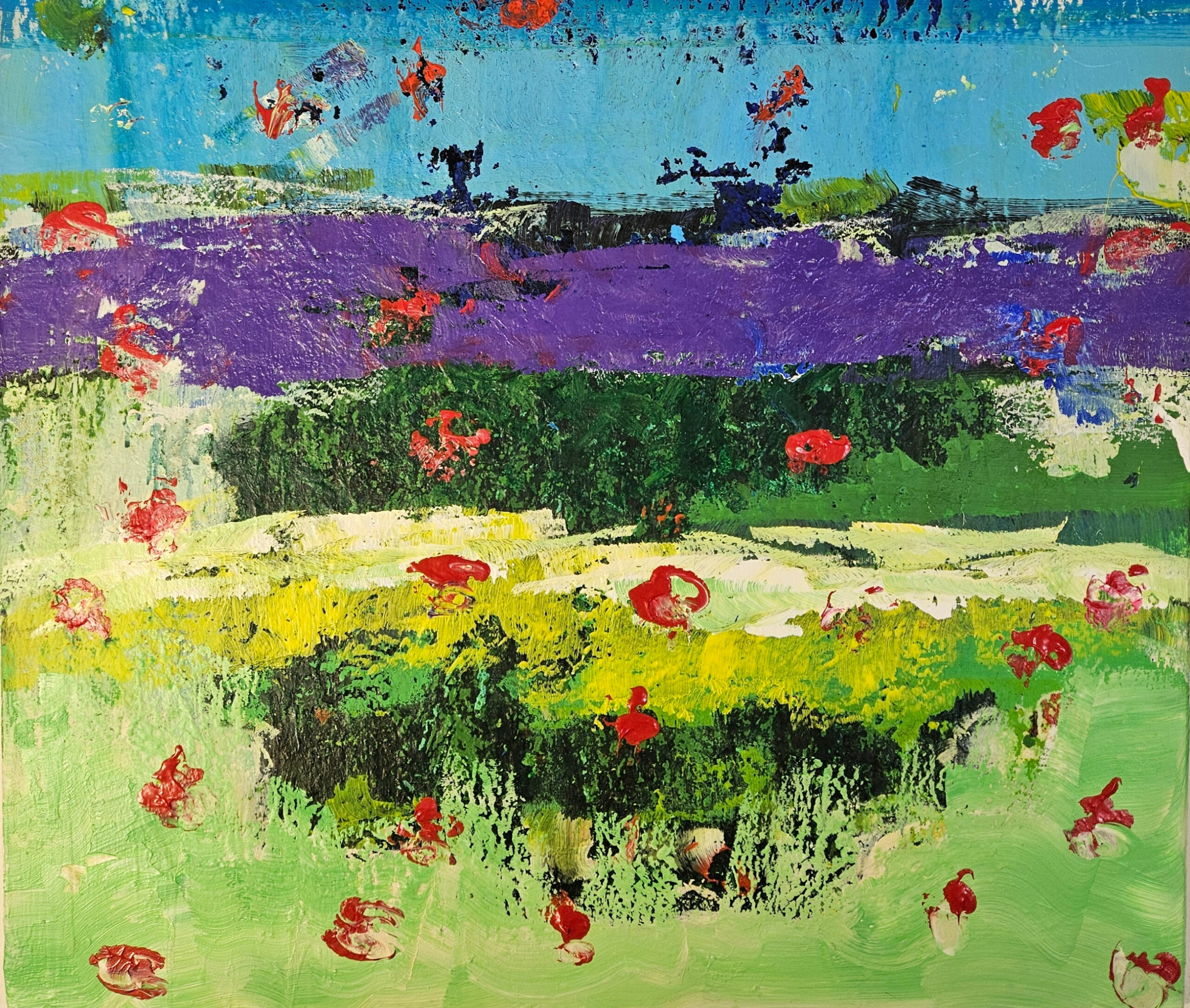 Coquelicots sur fond bleu et vert peinture acrylique abstraite sur toile 100x73x2cm – Image 3