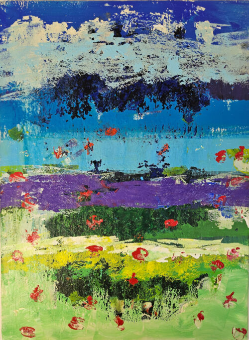Coquelicots sur fond bleu et vert peinture acrylique abstraite sur toile 100x73x2cm
