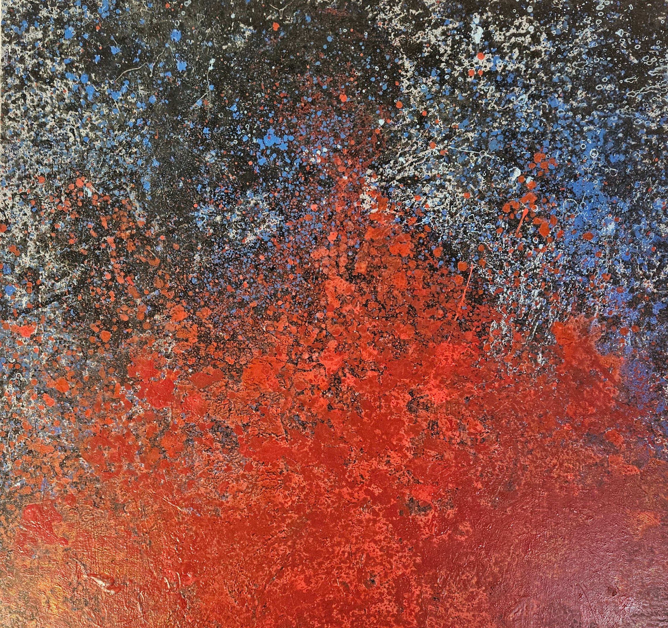 Explosion de rouge sur fond noir et bleu peinture acrylique sur toile 116x89cm – Image 3