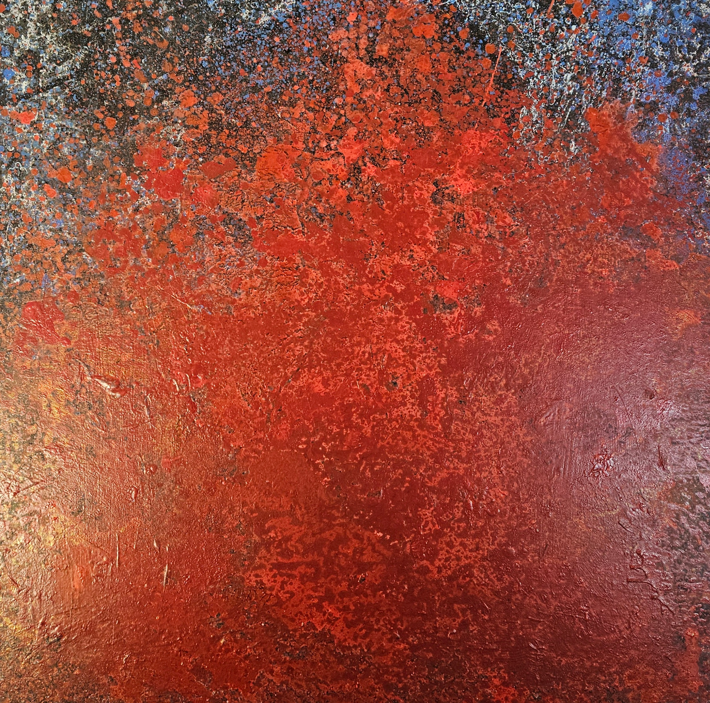 Explosion de rouge sur fond noir et bleu peinture acrylique sur toile 116x89cm – Image 4