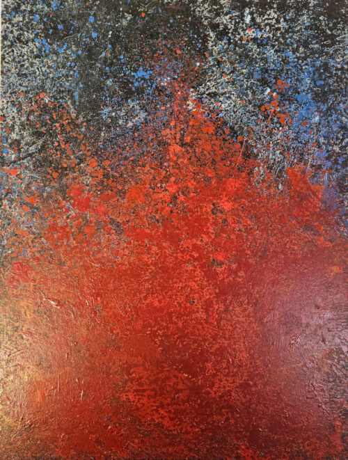 Explosion de rouge sur fond noir et bleu peinture acrylique sur toile 116x89cm