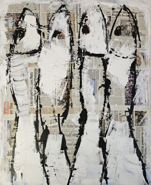 Sardines blanches collage et acrylique sur toile 100x81cm art brut