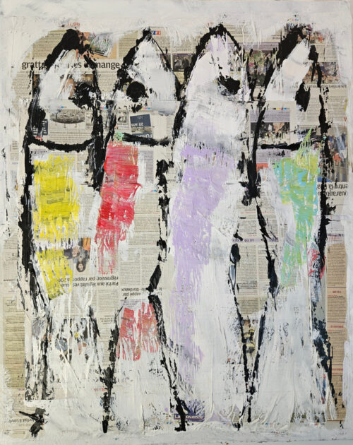 Sardines de couleur collage et acrylique sur toile 100x81cm art brut