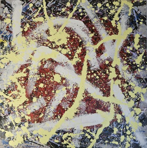 Etude en rouge jaune blanc et bleu, acrylique sur toile 100x100cm