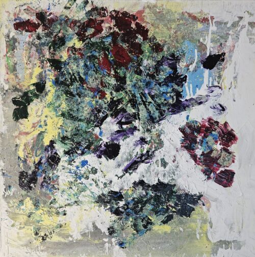 Etude de couleurs en vert jaune et rouge, acrylique sur toile 80x80cm