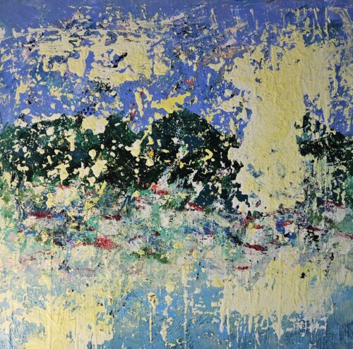 Paysage de bord de mer au soleil, peinture acrylique sur toile 100x100cm