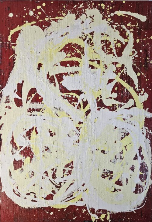 Vélo jaune et blanc sur fond rouge , acrylique sur toile 116x89cm