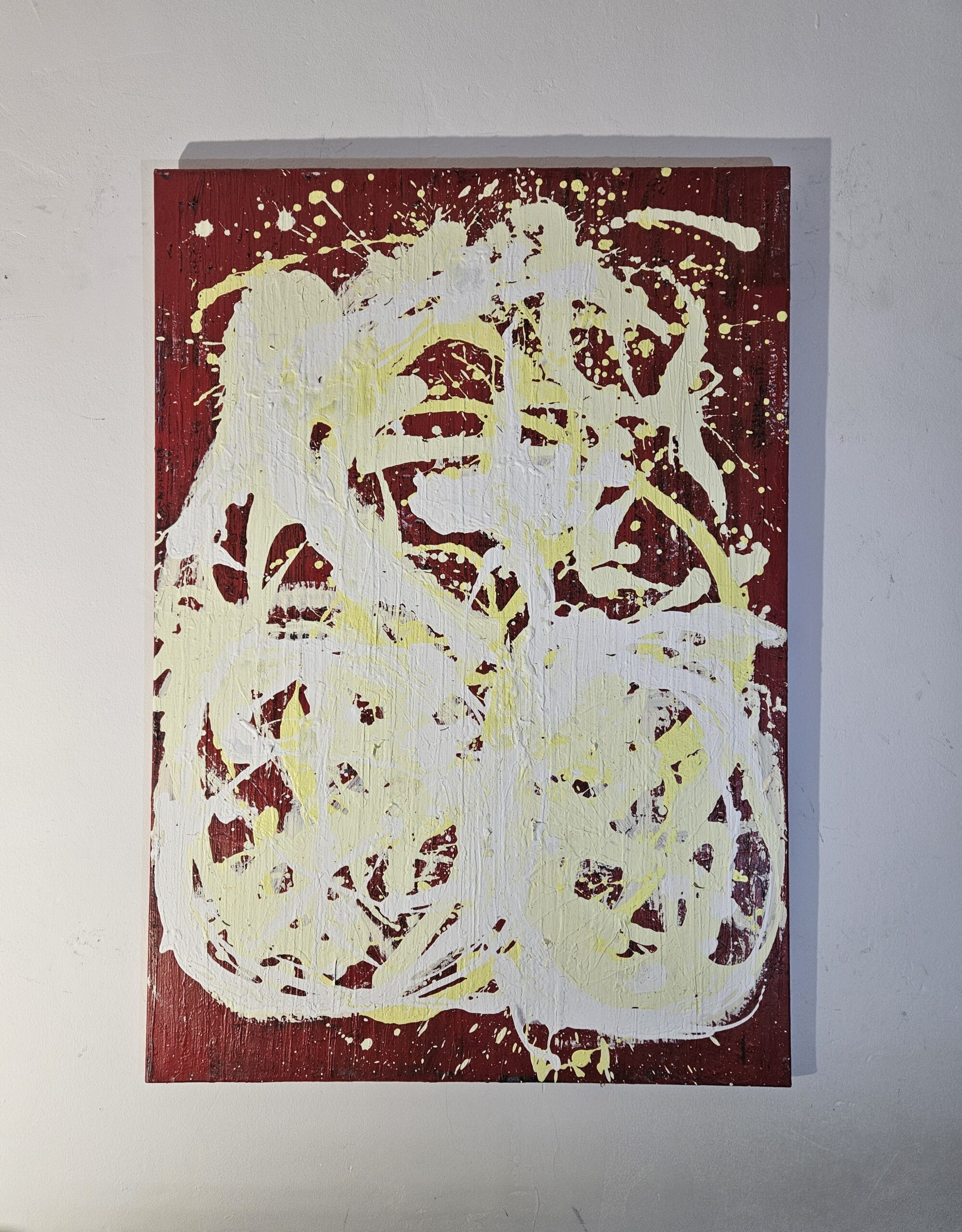 Vélo jaune et blanc sur fond rouge , acrylique sur toile 116x89cm – Image 2
